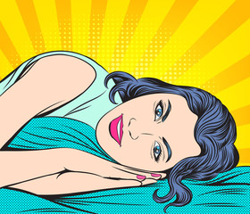 A woman going to bed to rest. Pop art retro illustration comic style vector.

