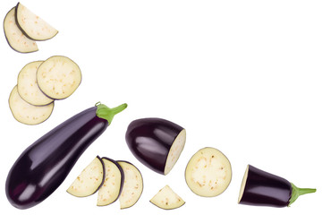 Eggplant or aubergine with slices isolated on white background with copy space for your text. Full depth of field. top, view, flat lay
