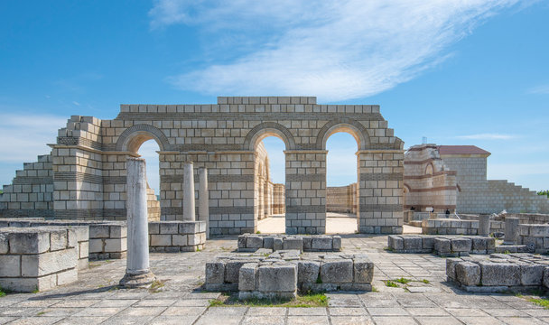 Pliska, Bulgaria and the The Great Basilica - largest Christian cathedral in medieval Europe near The capital city of the First Bulgarian Empire. 