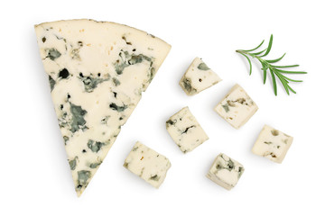 diced Blue cheese with rosemary isolated on white background with clipping path and full depth of field. Top view. Flat lay. - obrazy, fototapety, plakaty