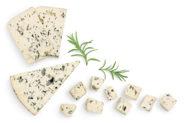 Blue cheese slices with rosemary isolated on white background with clipping path . Top view with copy space for your text . Flat lay. - obrazy, fototapety, plakaty