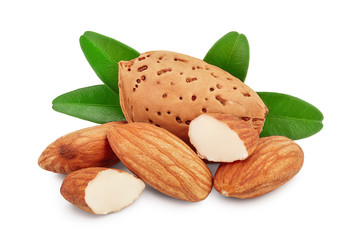 Almonds nuts with leaves isolated on white background with clipping path and full depth of field.