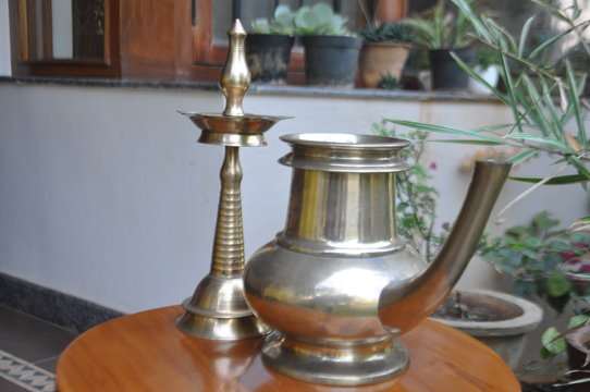 Typical Kerala Style Metal Lamp And Water Jar 