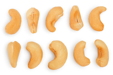 Roasted Cashew nuts isolated on white background with clipping path and full depth of field. Set or collection.