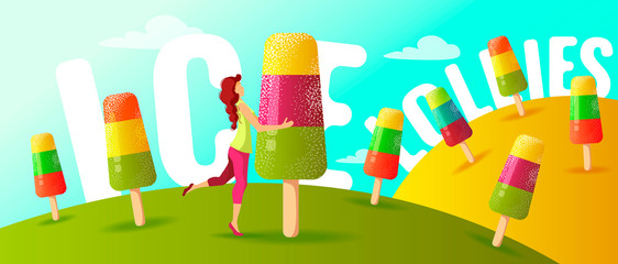 Woman and fruit ice lollies. Ice cream parlor, Sweet products, Dessert, Summer concept. Vector illustration for poster, banner, commercial, cover, advertising. 