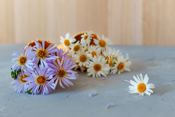 Obraz premium Bouquet of chamomiles in a waffle cone on a gray background. The flowers are blooming. Wildflowers.
