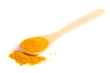 Isolated wooden spoon with scattered turmeric powder.