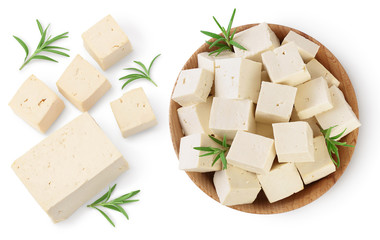 tofu cheese isolated on white background with clipping path and full depth of field, Top view with copy space for your text. Flat lay - obrazy, fototapety, plakaty