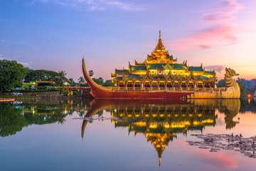 Yangon, Myanmar at Karaweik Palace in Kandawgyi Royal Lake