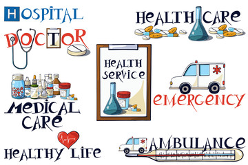 Color hand-drawn set with medical inscriptions. Vector illustrations