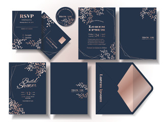 Set of rose gold leaf pattern wedding invitation card Dark blue tone background .rsvp card. Envelope. Suitable for wedding couple. Illustration/vector