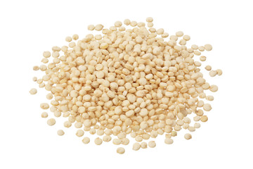 white quinoa seeds isolated on white background with clipping path and full depth of field. Top view. Flat lay.