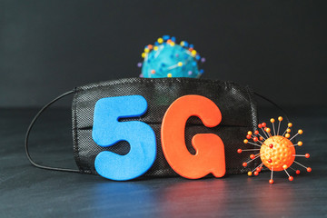Symbol of coronavirus and 5g network next to a medical mask. The effect of 5g networks on coronavirus