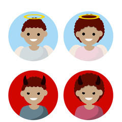 Angel and devil. Avatars for social networks. Good and evil. Nice and bad character. Man and woman with halo, wings and horns. Cartoon flat illustration