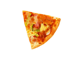 Piece of mixed deluxe pizza with pineapple, ham, mushroom, large green pepper and tomato isolated on white background with clipping path or make selection. This type of pizza is thin crust. 