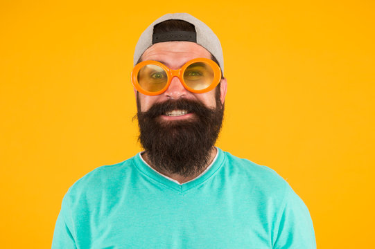 Time For Fun. Casual Hipster Outfit. Funny Man Having Fun. Bearded Guy In Party Glasses. Just Like A Freak. He Is Going Crazy. Summer Male Fashion. Happy And Smiling Hipster. Fun And Entertainment