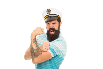Strong muscles. Sailor spirit. Bearded sailor isolated on white. Sailor or seaman with long beard...
