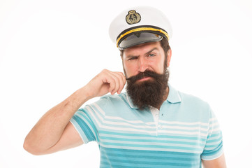 Experienced sailor captain. Bearded sailor isolated on white. Navy and marine. Sea adventures...