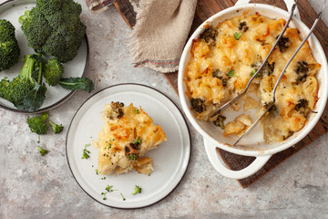 Casserole with pasta, cheese and broccoli