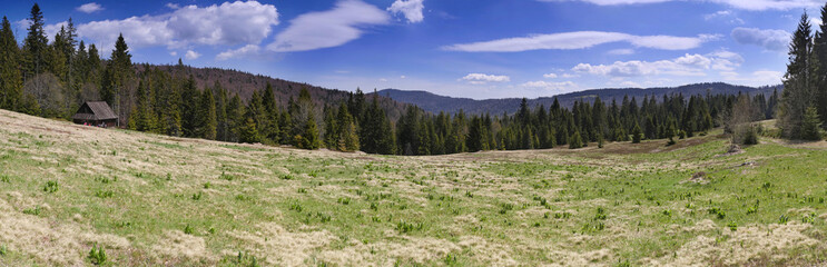 Panorama Polana Stawieniec z szałasem - Gorce Pasmo Kudłonia