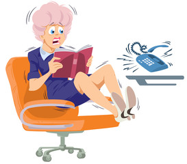 Terrified woman with book. Scary phone call. Funny people.