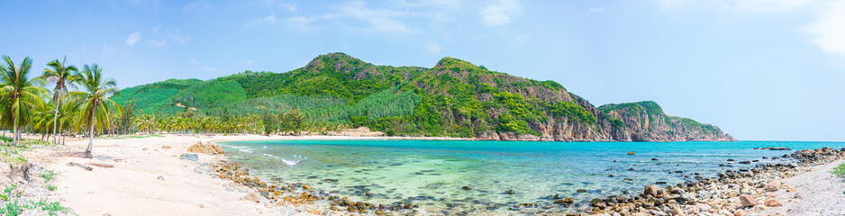 Secluded tropical beach turquoise transparent water palm trees, Bai Om undeveloped bay Quy Nhon Vietnam central coast travel destination, desert white sand beach no people clear blue sky, expansive