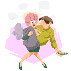 Woman carry drunken man. Funny people.