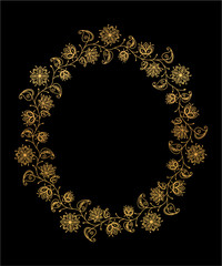 Decorative gold wreath with floral motifs. Summer gold frame with flowers and leaves. Vector isolated illustration