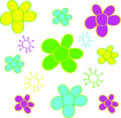 Naklejka premium Bright flowers in doodle style, template for children's cover or screensaver. Beautiful pattern with simple design, background for wallpaper.