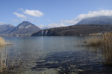 Annecy lake and mountains, landscape in Savoy