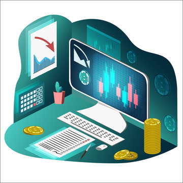 Bitkoin, desktop computer, graph of the fall on the screen, Japanese candles. Checklist. Isometric. Vector illustration. Transparence White Isolated.