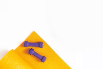 Dumbbells and orange fitness mat isolated on white background. Flat lay composition. Concept of sports, fitness, healthy lifestyle. Top view. Copy space.