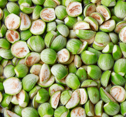close up slice of eggplant ready for cooking, green Thai eggplant in pot