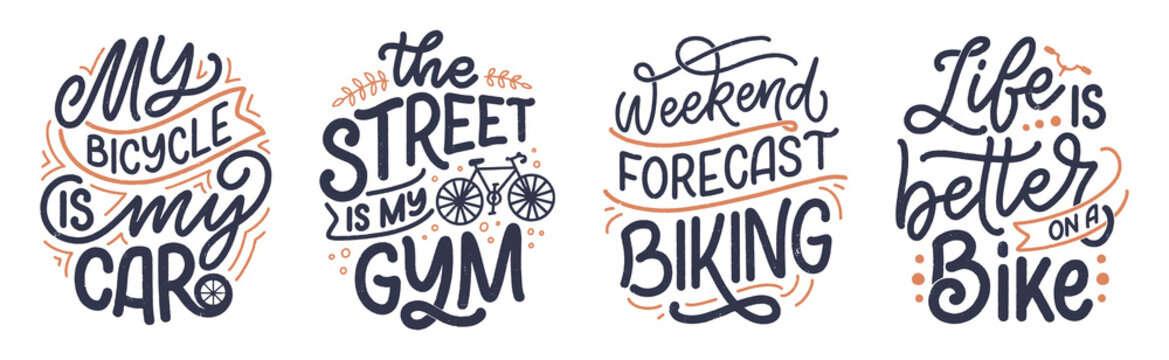 Set woth lettering slogans about bicycle for poster, print and t shirt design. Save nature quotes. Vector illustration