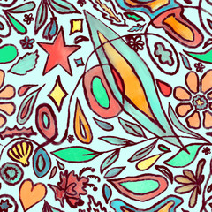 A cute bright hand drawn seamless pattern with flowers, petals and leaves.