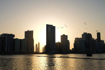 Fototapeta premium Sunset in the UAE Emirate of Sharjah-View of the river and skyscrapers. Sunset through the building.