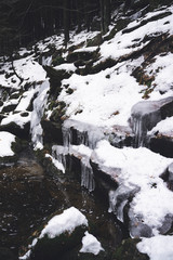 Fototapeta na wymiar Frozen river with icicles in Czech Republic 