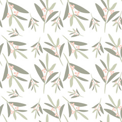 Fototapeta premium Seamless white background with green twigs and pink berries