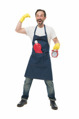 Just do it. Instant effect. Save your time with this cleaning product. Man rubber gloves and bottle...