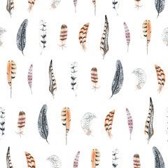 Seamless pattern with watercolor striped and polka dots feathers.  Feather of a pheasant, owl and other birds.