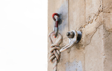 Safety anchors with carabiner and knot of eight.