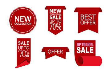 Stock vector price tags vector collection ribbon sale banners isolated new collection offers.. set of red sale labels