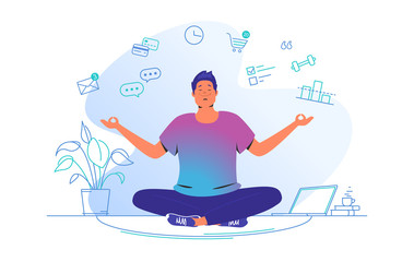 Working and meditating at home. Flat line vector illustration of cute man sitting at home in lotus pose and concentrating before working. Time management concept design isolated on white background
