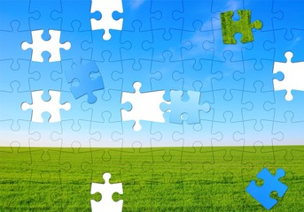 Assorted jigsaw puzzle of an empty field with green grass and blue sky in the background
