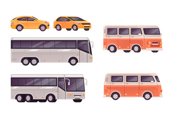 Public transport bus, car, minivan isolated set. Vector flat graphic design cartoon illustration