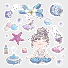 Girl and a set of items and accessories for sea spa and aromatherapy. Vector character. Cosmetic procedures and care for your health.
