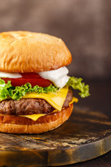 Close-up of home made tasty burger on wooden table.