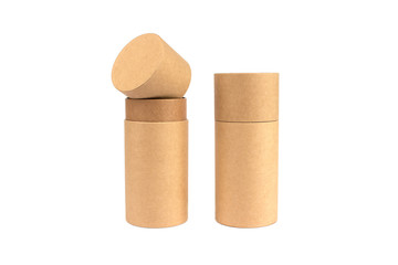 Open and closed paper tubes, cardboard containers for packaging isolated on white background with...