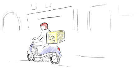 Pizza delivery guy rides a scooter around the city. Drawing with colored pencils