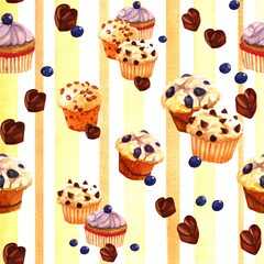 watercolor pattern with muffins and chocolate